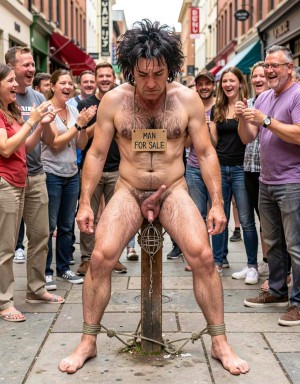 Hombre de 40 años, pelo negro abundante y revuelto.pelo en pecho abundante Mirada baja y triste Está completamente desnudo, atado de pie y manos un poste extendias en un lugar público con gente mirando y riendose de el Su pene con jaula de castidad y en reposo  totalmente expuesto, en su cuello un cartel que dice 