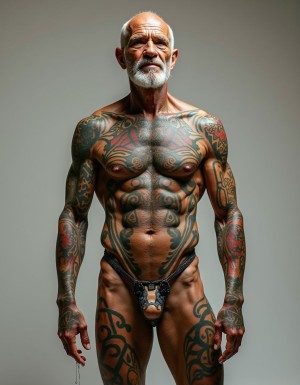 Hombre de 50 años con un cuerpo completamente tatuado, fibroso y escultural, similar al de los dioses egipcios, con músculos bien definidos y una postura imponente. Su cuerpo está cubierto de intrincados tatuajes que reflejan su personalidad y estilo, desde sus brazos hasta sus piernas, pasando por su torso y espalda. Sin embargo, su pene, que mide 25 centímetros de largo y es notablemente grande y grueso, con una forma ligeramente alargada, es la única parte de su cuerpo que no lleva tatuajes, resaltando su naturaleza y pureza en medio de la ornamentación que cubre el resto de su anatomía. Sus pezones están bien trabajados y tienen un aspecto erecto y sensual. De su pene sale lefa en gotas, lo que indica una gran excitación y preparación para el placer. La imagen debe ser hiperrealista, con detalles de alta calidad que resalten la textura de la piel, los tatuajes y la sensualidad del momento. El fondo debe ser neutro para que el cuerpo tatuado y la sensualidad del hombre sean el foco principal de la imagen.