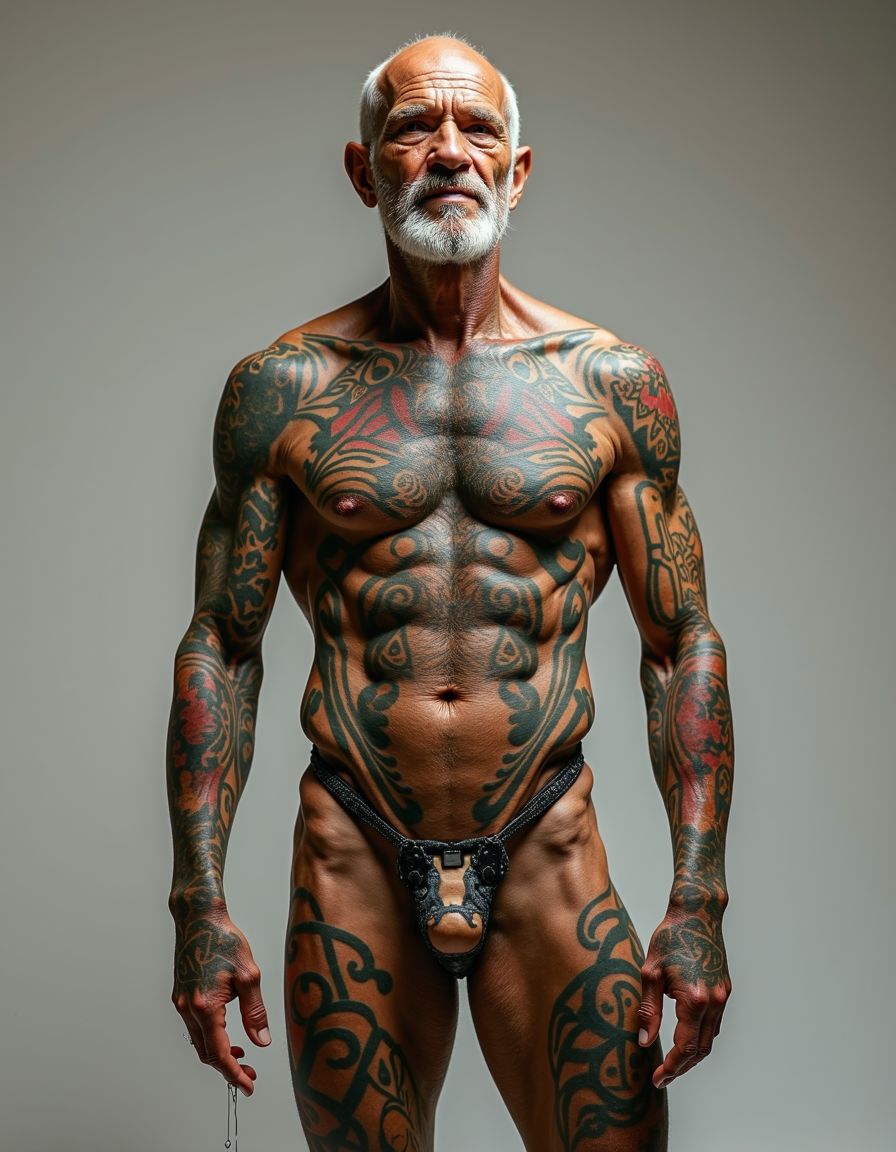 Hombre de 50 años con un cuerpo completamente tatuado, fibroso y escultural, similar al de los dioses egipcios, con músculos bien definidos y una postura imponente. Su cuerpo está cubierto de intrincados tatuajes que reflejan su personalidad y estilo, desde sus brazos hasta sus piernas, pasando por su torso y espalda. Sin embargo, su pene, que mide 25 centímetros de largo y es notablemente grande y grueso, con una forma ligeramente alargada, es la única parte de su cuerpo que no lleva tatuajes, resaltando su naturaleza y pureza en medio de la ornamentación que cubre el resto de su anatomía. Sus pezones están bien trabajados y tienen un aspecto erecto y sensual. De su pene sale lefa en gotas, lo que indica una gran excitación y preparación para el placer. La imagen debe ser hiperrealista, con detalles de alta calidad que resalten la textura de la piel, los tatuajes y la sensualidad del momento. El fondo debe ser neutro para que el cuerpo tatuado y la sensualidad del hombre sean el foco principal de la imagen.
