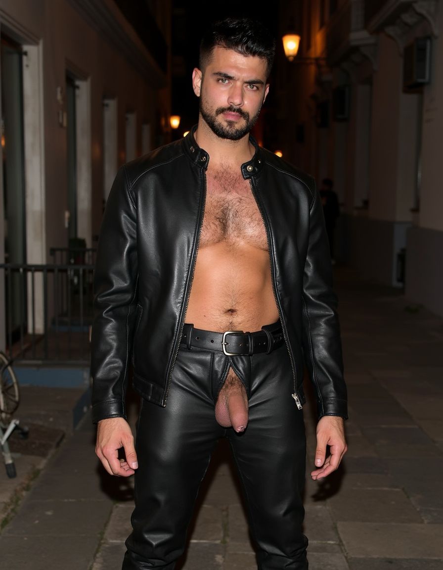 Hombre moreno español de 30 años parecido a Mario Casas, pelo negro peinado hacia atrás, barba recortada, ojos verdes intensos, vestido completamente de cuero negro: chaqueta de cuero ajustada abierta mostrando pecho desnudo musculoso, pantalones de cuero negros extremadamente ceñidos marcando claramente un bulto pronunciado y prominente en la entrepierna, botas altas de cuero con hebillas, cinturón ancho de cuero, expresión dominante y seductora, mirando directamente a cámara, iluminación dramática con sombras marcadas, fondo urbano nocturno, paquete muy visible y voluminoso.
