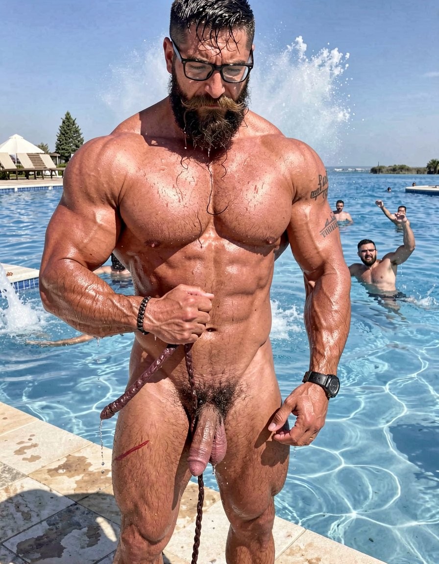 Muscular naked man standing at the edge of a pool, soaked and shining in the sun, wearing black sunglasses, a thick beard, and wet hair while a jet of water splashes behind his head. His highly defined physique stands out with marked pecs, abs, arms, and legs, with visible tattoos on his arms, a watch on his wrist, and a bracelet. He holds a thin rope or whip that falls in front of his body, near the pubic hair and visible penis. In the background, several people are bathing and waving in the blue water, with loungers, umbrellas, and a sunny resort landscape by the pool.