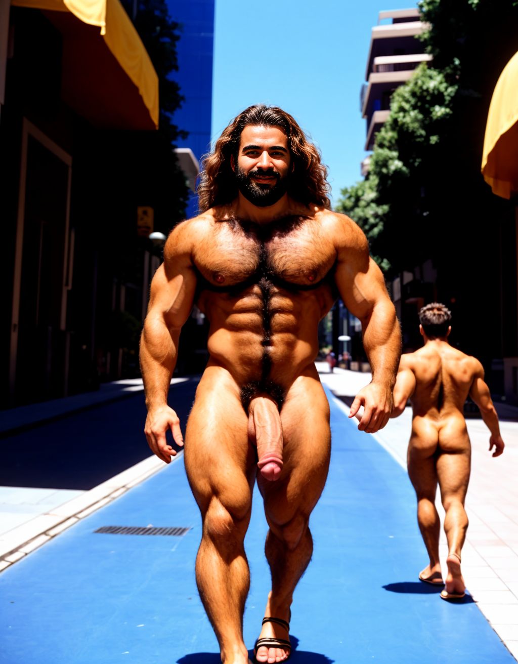 Dos hombres jóvenes desnudos musculosos y fibrosos. Tiene pene grande. Están andando por la calle. Tienen sandalias en los pies. El pene y los testículos se mueven al aire al andar. El enorme pene se dobla hacia el lado al ritmo del andar. Los testículos botan contra los muslos al andar moviéndose hacia afuera. Las manos tocan y acarician su propio pene. Tienen mucho pelo vello en el pecho. Tienen los pelos muy rizados y largos. El pelo es vaporoso y se mueve con el aire hacia adelante. 30
