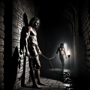 Un hombre esclavo desnudo, con cuerpo musculoso y piel pálida, atado con cadenas de hierro oxidado a la pared de una mazmorra gótica oscura y húmeda, rodeado de calaveras humanas y huesos esparcidos en el suelo, mientras murciélagos vuelan en círculos alrededor de su cabeza, iluminados por la tenue luz de antorchas que proyectan sombras inquietantes en las paredes de piedra, con una atmósfera de misterio y terror, detalles de anatomía realista, texturas de piel húmeda y sudorosa, ojos desesperados y suplicantes, cabello despeinado y sucio, con un ambiente de opresión y sufrimiento.