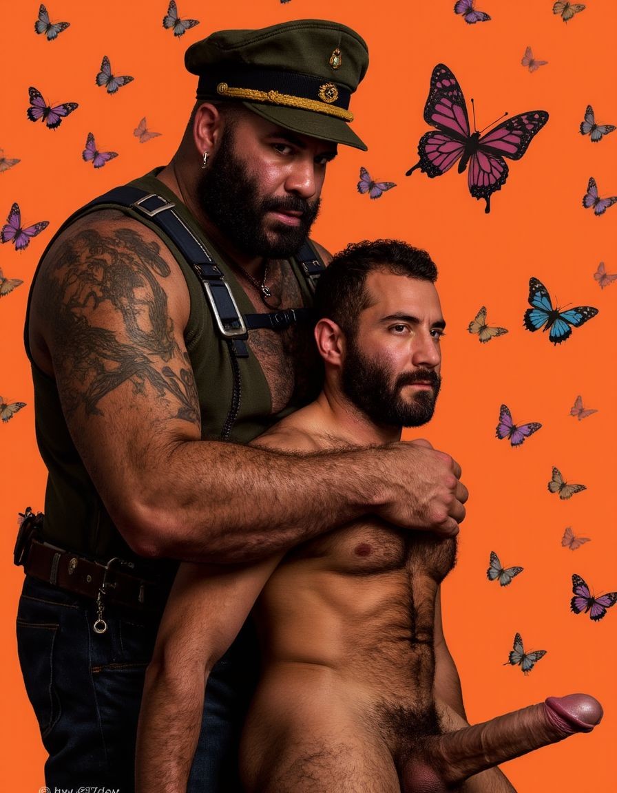 Dibujo realista. Amo barbudo tatuado e hiper masculino, muy musculoso pero muy delgado, con arnés. Tiene un gran pene eyaculando. Lleva gorra militar y unos anillos en los pezones, Un esclavo de rodillas. Respeta la forma y la proporción del cuerpo y se fiel a la forma real sin distorsiones. Fondo de color naranja oscuro con los reflejos de las sombras de los cuerpos del amo y del esclavo. El amo está detrás del esclavo introduciendo su pene en el culo del esclavo. Uno está detrás del otro abrazándole por la cintura abrazándole por la espalda. Fondo de muchas mariposas de todos los colores volando.  Por sus penes erectos. 
