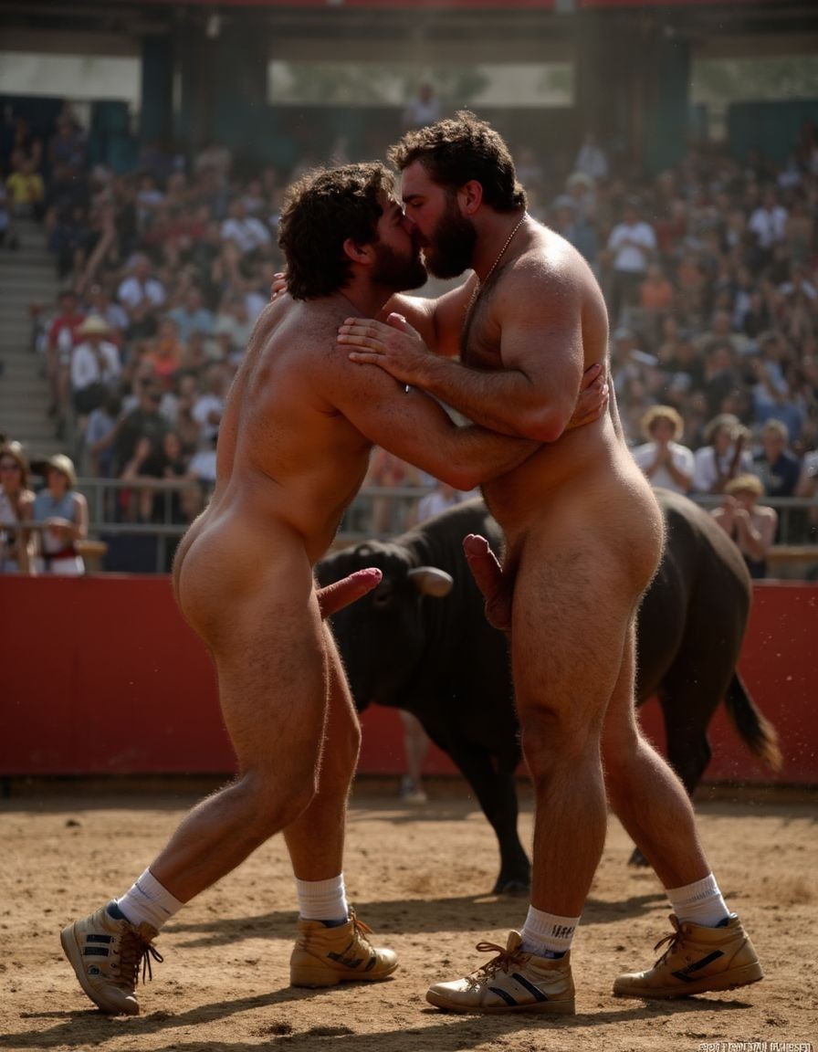 Un torero español musculoso y velludo de 50 años, con torso atlético y marcado, se muestra completamente desnudo, destacando su pene de 35 cm de longitud y 6 cm de diámetro, perfectamente formado y rodeado de un denso vello púbico castaño oscuro. Sus testículos, perfectamente formados, cuelgan de forma prominente. La piel bronceada y sudorosa resalta su musculatura definida, con pectorales y abdominales bien marcados y sin grasa. El cabello largo y castaño oscuro está despeinado y sudoroso, con gotas de sudor resbalando por su frente y mejillas. Una barba incipiente y un vello corporal denso que se extiende por su pecho, piernas y brazos completan su apariencia viril. Lleva zapatillas doradas en sus pies.

A su lado, un hombre musculoso y velludo de 30 años, completamente desnudo, muestra un pene de 40 cm de longitud y 7 cm de diámetro, hermoso y perfecto, rodeado de un denso vello púbico pelirrojo. Su piel bronceada y sudorosa muestra una musculatura definida, con pectorales y abdominales muy marcados. Tiene cabello pelirrojo despeinado y sudoroso. Tiene una barba pelirroja densa y bien recortada. El vello corporal es pelirrojo es denso y cubre su pecho, y tiene mucho vello pelirrojo en sus piernas y brazos, lo que realza su apariencia masculina y atlética. Están en la plaza de toros con un toro salvaje. Se aman

Ambos hombres se encuentran en una plaza de toros, con sombras que resaltan su musculatura y vello corporal, creando un ambiente sensual y cargado de tensión. Están en pleno acto de pasión, con sus penes erectos y testículos prominentes colgando y moviéndose al compás de los movimientos del cuerpo, destacando su musculatura, vello corporal y atributos viriles en una imagen impactante y llena de energía. La escena está llena de sensualidad y poder, con los dos hombres como protagonistas, en un ambiente cargado de pasión y erotismo. La imagen es híper realista, con detalles de alta calidad, y muestra la unión de los dos hombres en un acto de pasión y dominio, con sus cuerpos musculosos y velludos completamente desnudos y visibles, mostrando su excitación y pasión en cada detalle. Tienen sus penes erectos. Están totalmente desnudos. Tienen un pene de 40 cm de longitud y 7 cm de diámetro. Son felices y sonríen. Amor. Se abrazan por la cintura con fuerza y pasión, están muy juntos. Sexo duro. Están abrazados y besándose en la boca con lengua. Están muy juntos apretándose el uno con el otro. Te quiero ❤️. Se besan apasionadamente. Juntan sus penes erectos a la vista del espectador. Por sus penes erectos. Están a la vista del espectador de cara al espectador.