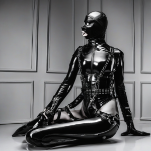 A person poses sitting on the floor in a shiny black latex full-body suit, tight to the body and with a fetish aesthetic, combining a hood with a mask, opaque visor-style glasses, and long gloves. The outfit includes a structured corset, straps, buckles, and metal chains crossed over the torso, as well as garters and side openings that reveal part of the hip and thigh. The posture is elegant and dominant, with one leg bent, the other extended, and one hand resting behind to support the body. The minimalist background of gray panels and the soft lighting highlight the PVC reflections, creating a sophisticated, dark BDSM fashion scene.