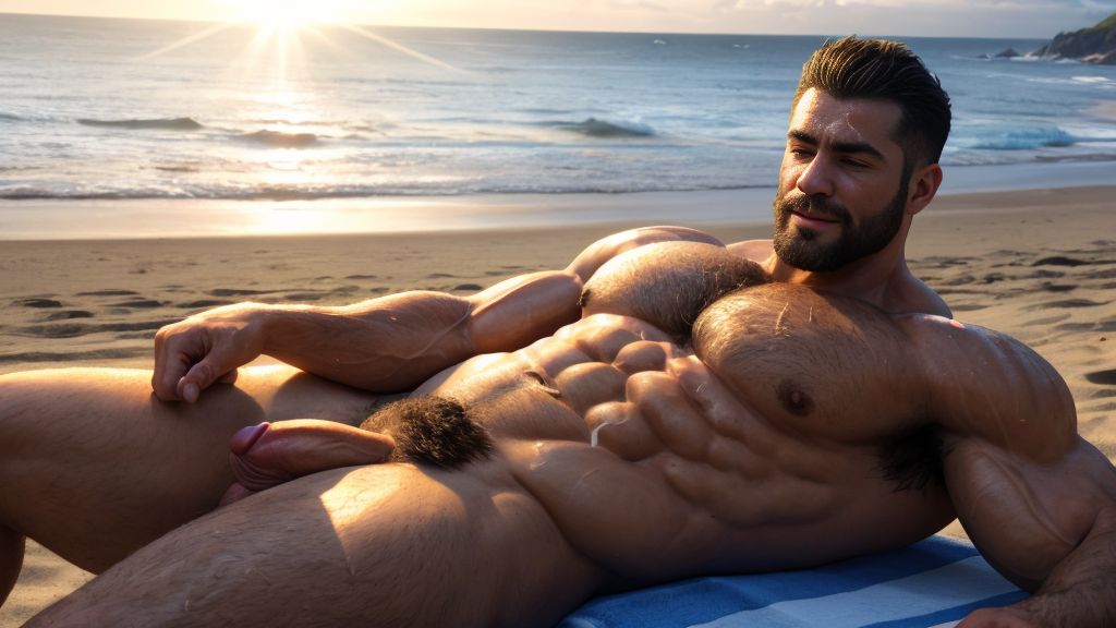Fotografía ultra alta definición para imágenes 4K: hombre de 35 años de edad totalmente desnudo está acostado sobre una toalla roja en la playa, es delgado, músculos muy definidos y fibrosos y cuerpo delgado, totalmente desnudo con mucho vello por todo el cuerpo, se ven sus testículos hermosos con mucho vello, cuerpo sudoroso y bronceado. Tiene un hermoso pene perfecto que está erecto, sujeta fuertemente su pene con la mano derecha y eyacula. Hay ambiente de calor veraniego y la luz del Sol le da de frente iluminando sus músculos sudorosos, con mucho vello por todo el cuerpo.