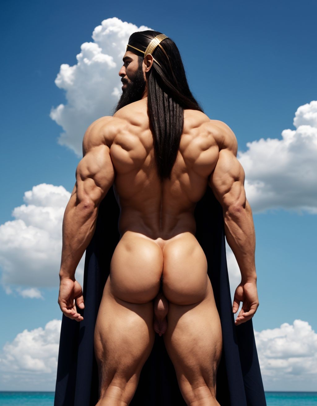 Faraón Ramsés 2 desnudo, viril y musculoso, con pene grande y testículos prominentes y velludos, vello corporal abundante, sandalias negras, barba perfecta, cabello largo, cintura estrecha, pezones grandes y largos, flotando en nubes blancas en cielo azul, cuerpo definido, fuerte y masculino, con espalda ancha y culo respingón, mostrando su figura dura y viril de espaldas. Contento, mirando hacia atrás 