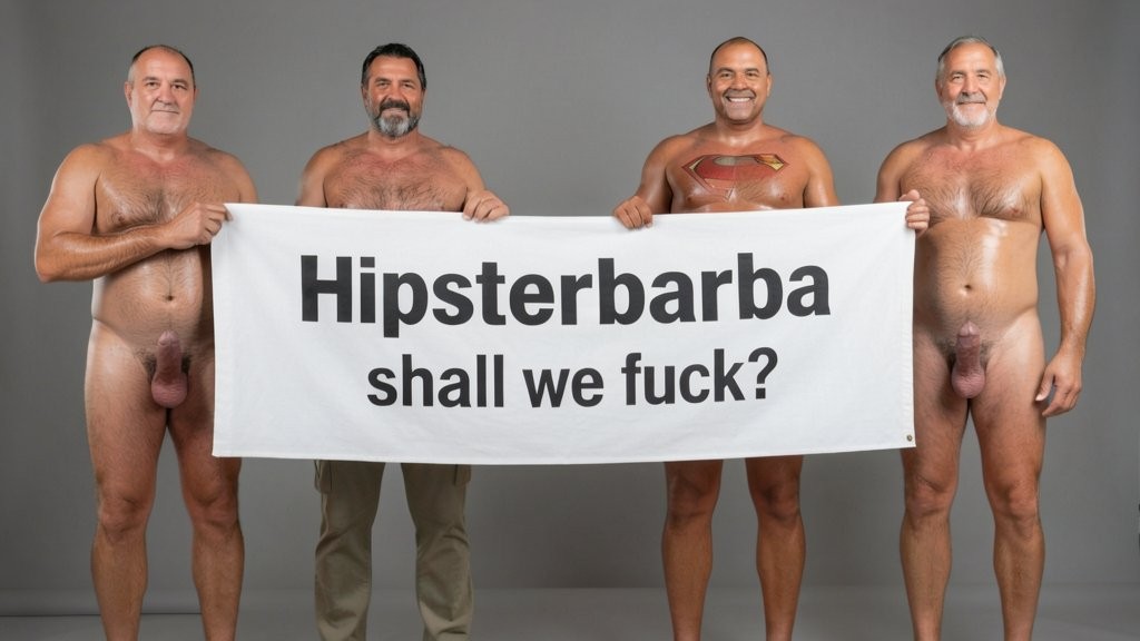 Four naked muscular men holding banner text Hipsterbarba ¿me amas? ultra high quality 8K photorealistic: El Comandante Spanish military leader 45 years short gray hair stern commanding face muscular trained body 185cm 85kg standing far left holding left edge of banner with both hands completely naked massive erect uncircumcised penis 25cm thick veiny shaft visible below banner heavy balls alpha dominant stance, Soldado Bartolo Spanish soldier 35 years thick dark full beard short hair very hairy muscular chest arms legs groin 180cm 80kg standing center-left holding banner completely naked large erect uncircumcised penis 18cm thick visible hairy balls masculine hairy build playful smirk, Superman alien superhero 195cm 100kg perfect bronzed smooth hairless skin short black hair with characteristic curl bright blue eyes massive superhuman muscles standing center-right holding banner completely naked enormous erect penis 23cm steel hard thick shaft visible smooth heavy balls god-like physique confident smile, General Rodolfo Castaños 60 years short gray military hair thick gray mustache experienced muscular body 175cm 75kg standing far right holding right edge of banner completely naked thick erect penis 20cm visible mature heavy balls military bearing knowing expression, all four men standing in horizontal row full body visible head to feet holding between them large white fabric banner at chest level with bold black letters spelling Hipsterbarba ¿follamos? question mark clearly readable professional typography banner stretched tight all four erect penises balls completely visible below banner military office background professional studio lighting 8K photorealistic resolution masterpiece quality inviting expressions.