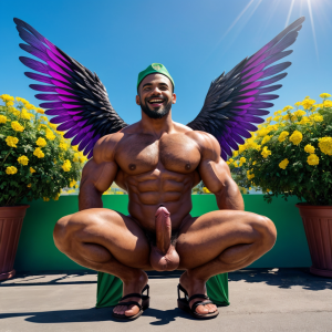Dos hombres machos musculosos desnudos delgados muy viriles con pene grande y testículos grandes y peludos ⛓️ 🌞 🏞️. Están de pie, 🥀. Tienen sandalias verdes en sus pies. Tienen gorras blancas en sus cabezas. Enseñan sus penes erectos para estar felices. Doblan el brazo derecho y enseñan el músculo bíceps del brazo derecho. Están agachados. En las paredes hay macetas con geranios. Están agachados. Tienen alas en sus espaldas.