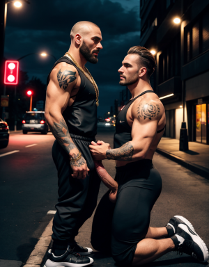 Hombre de 25 años, cuerpo atlético, rasgos duros y actitud desafiante, chandal deportivo ajustado, pene grande y largo, rapado, barba de dos días, zapatos Nike llamativos, tatuajes visibles en los antebrazos y el cuello, cadena gruesa de oro, calle de ciudad de fondo, de pie con postura dominante, expresión chulesca. Un hombre mayor de traje ejecutivo y zapatos, arrodillado a sus pies, pene erecto, testículos grandes, mirada de sumisión, frente tocando el pene del joven. Diferencia clara de estatus y poder, iluminación urbana nocturna, contraste fuerte de vestimenta y actitud, detalle en los rostros y gestos, composición vertical impactante.