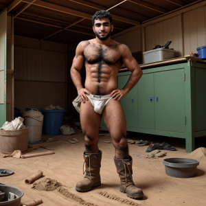 árabe, joven, velludo, sin camiseta, jockstrap sucio, botas caterpillar, caseta de obra de costruccion
