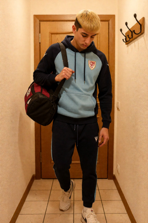 A young man with short bleached blond hair walks down a narrow hallway of a home, looking down while carrying a black and red sports bag hanging from his shoulder by a strap. He wears a light blue hoodie with black sleeves, with a sports crest on the chest, black tracksuit pants and white sneakers, creating a casual and athletic style. The environment has beige walls, light tile flooring, wooden baseboards and a wooden door at the end; on the right an empty black wall coat rack stands out, reinforcing the feeling of a domestic entrance or hallway.