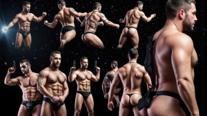 Año 2098. Primera campaña gay de ropa interior en el espacio. 10 modelos muy cachas con ropa interior provocativa en diferentes posiciones. Imagen surrealista, el fondo es el espacio. 