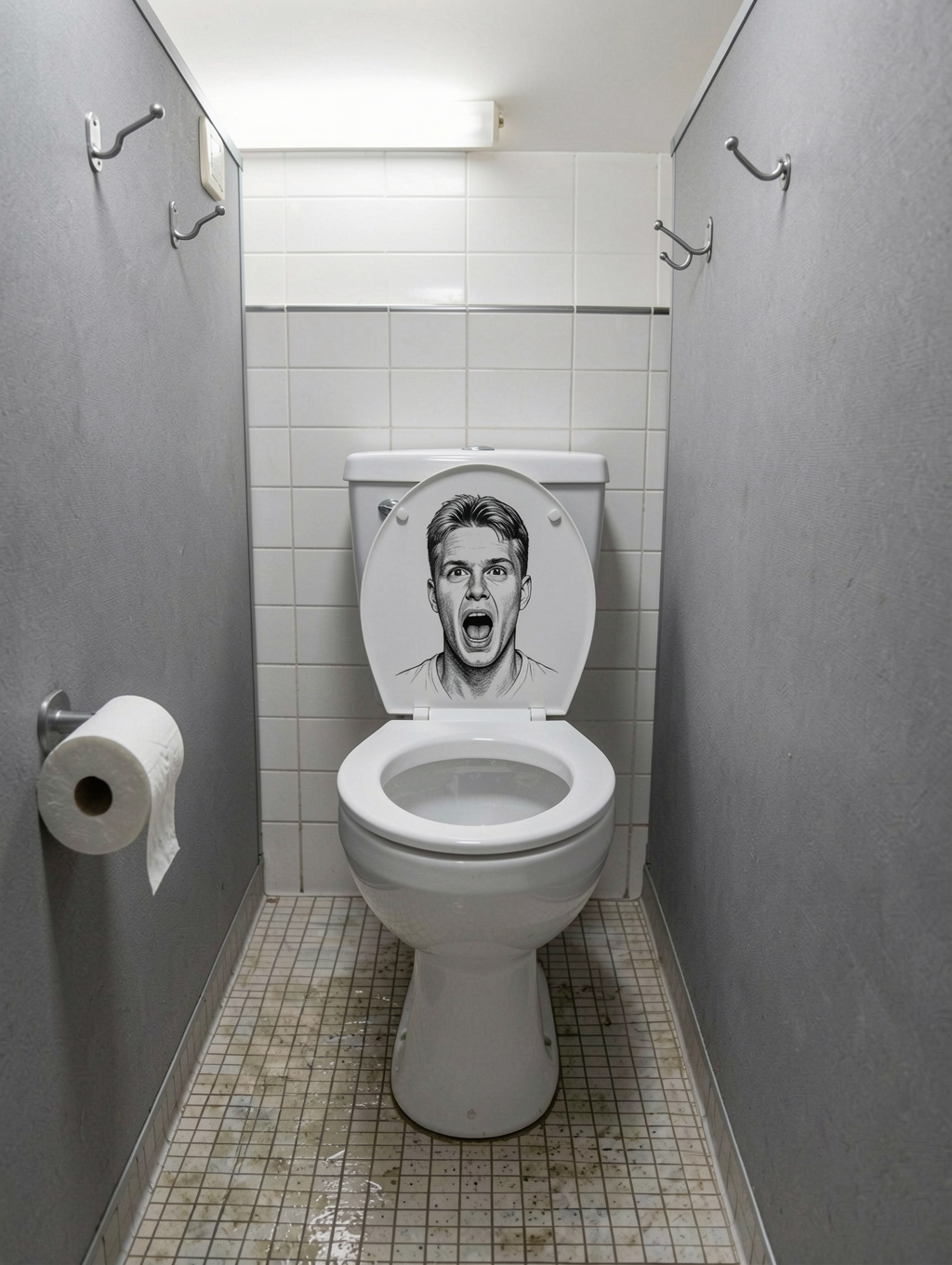 A white toilet occupies the center of a narrow, elongated bathroom, wedged between gray walls with several empty metal hooks on both sides. The raised toilet lid has printed or drawn on it the black-and-white face of a man screaming, with his mouth open and a frightened expression, creating a humorous and unsettling effect right above the bowl. On the left hangs a roll of toilet paper on a metal holder. The back is lined with white tiles and a gray stripe, lit by an overhead fluorescent tube, while the small mosaic floor appears worn, damp, and somewhat dirty.