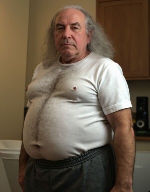 Un anciano de 65 años con calvicie en la parte superior de la cabeza, pero con mechones grises largos y despeinados cayendo por los lados y la nuca, le da un aspecto desaliñado. Su rostro es fofo y redondeado, con una papada colgante y prominentes arrugas alrededor de los ojos y la boca, lo que refleja una vida de excesos. Lleva una camiseta blanca ajustada que se le pega a la barriga cervecera, que le cuelga de manera visible sobre el pantalón de chándal gris, dándole un aire de descuido y falta de preocupación por su apariencia. Los pelos blancos del pecho se le escapan por el cuello de la camiseta, añadiendo un toque de descuido a su imagen. La textura de la camiseta y el pantalón de chándal es suave y cómoda, lo que sugiere que el anciano valora la comodidad por encima de la apariencia. La iluminación es suave y cálida, resaltando los detalles de su rostro y su figura, y creando un ambiente íntimo y familiar. El estilo de la imagen es hiperrealista, con detalles precisos y una gran atención al realismo, lo que permite apreciar cada arruga y cada pelo del anciano.