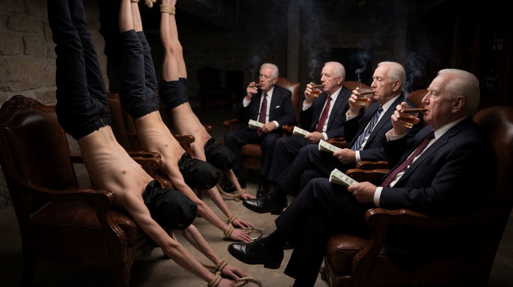 Un grupo de hombres mayores con traje oscuro, corbata y aspecto ejecutivo permanece sentado en sillones de cuero en una sala tenue con paredes de ladrillo, fumando puros y bebiendo licor en vasos bajos mientras sostienen fajos de billetes o papeles. Frente a ellos, varias mujeres vestidas de negro aparecen invertidas, con las piernas elevadas y los brazos apoyados en el suelo, como en una postura forzada o acrobática, creando una escena surrealista de poder, lujo decadente, humo, tensión y contraste entre control corporativo y sumisión física.