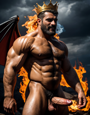 Cneo Pompeyo Magno desnudo con pene grande y testículos grandes peludos. Dobla el brazo derecho para enseñar los bíceps del brazo derecho con gran orgullo. Tiene mucho vello por todo el cuerpo. Está bronceado. Tiene corona de oro. Tiene alas de diablo negras y rojas oscuro. Los brazos están hacia arriba implorando rayos y fuego. Tiene un chorro de fuego en el pene que sale a chorros rojos hacia arriba de su pene erecto tieso hacia arriba. Sus ojos son grandes y rojos. Está enseñando sus grandes testículos. Tiene testículos grandes y oscuros. Está alumbrado con mucha luz roja por todo el cuerpo. Es muy atractivo. Está rodeado de llamas y humo. Tienen cara de maldad y con barba. Se ven los pies. ¿Donde están sus pies? quiero ver los pies