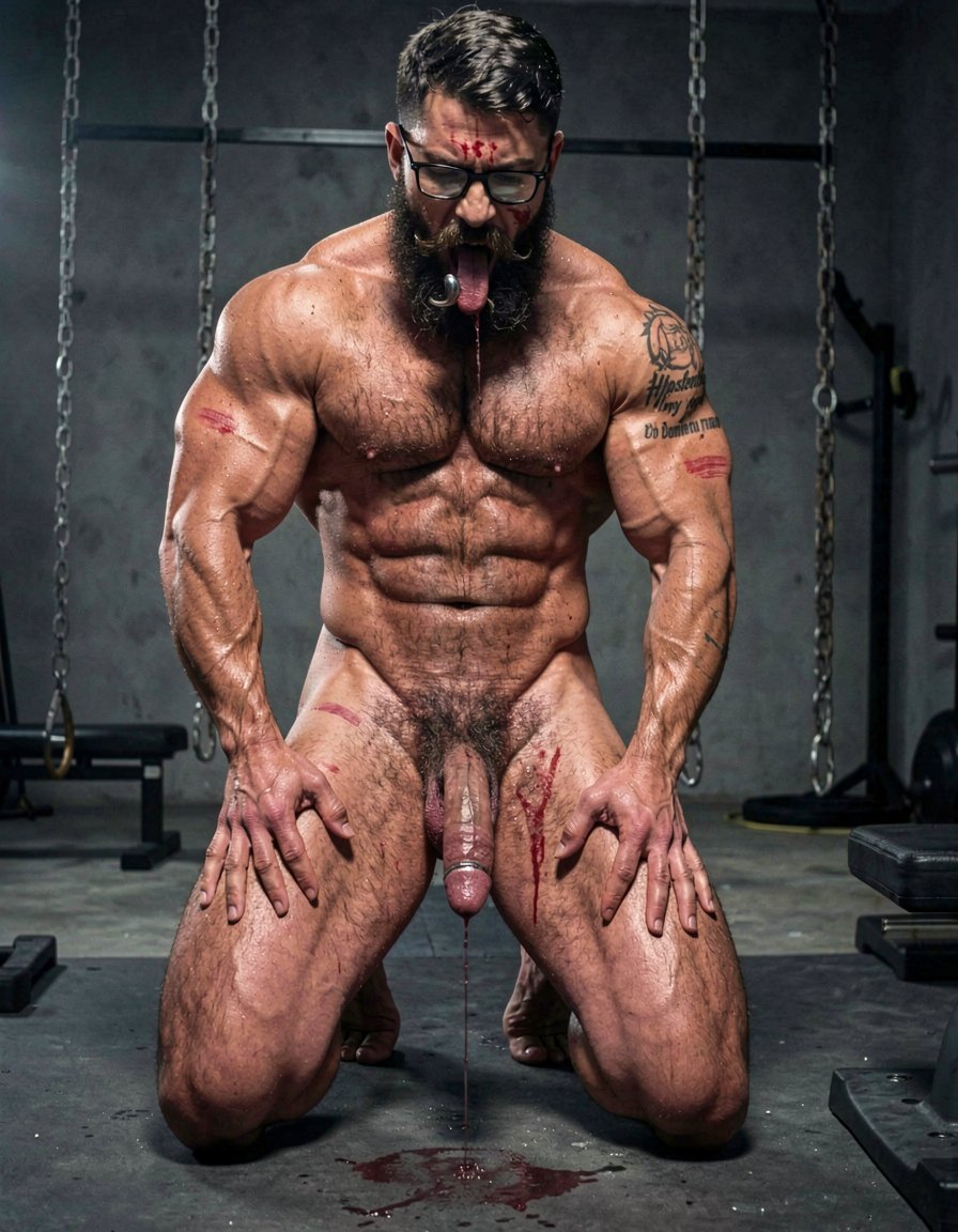 Hyperrealistic cinematic photograph, full body side view with perfect anatomy, zero distortions or deformations. Dark brutal dungeon gym with concrete floor, hanging chains and BDSM equipment softly blurred in the background. Dramatic side lighting, high contrast, deep shadows and realistic sweat on skin.

Hipsterbarba stands dominant, 40 years old, 180cm, 80kg, 8% body fat, powerful muscle bear physique completely naked. Dense dark body hair covers his massive chest, shoulders, thick thighs and heavy balls. Long thick Bandholz beard reaching almost to his chest, curled handlebar mustache, black glasses, looking down with cold and superior expression.

Anil is kneeling right in front of him, 25 years old, extreme bodybuilder slave, 175cm, 80kg, 6% body fat, completely smooth tanned skin from the neck down. Massive 127cm chest, eight-pack abs, 47cm veiny arms resting on his thighs, tiny 60cm waist, round 90cm glutes on his heels, 70cm quads. Tattoo 