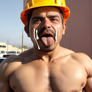 Albañil mexicano, con cara de orgasmo y sacando la lengua, mientras  flexiona los brazos