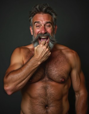 Hombre maduro de 40 años, extremadamente velludo,  desnudo, masturbándose con pene erecto, piel bronceada, vello corporal abundante, expresión de placer