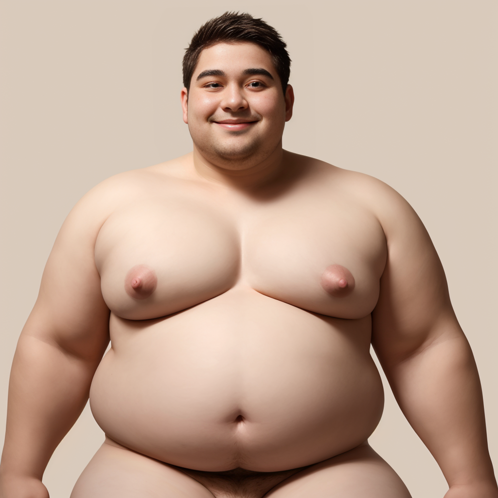 Joven gordo desnudo, pecho grande, mamas prominentes, piel suave y rolliza, estómago redondeado, genitales visibles no muy grandes, sonrisa sensual, mirada provocativa, pose relajada, fondo neutro y luminoso.