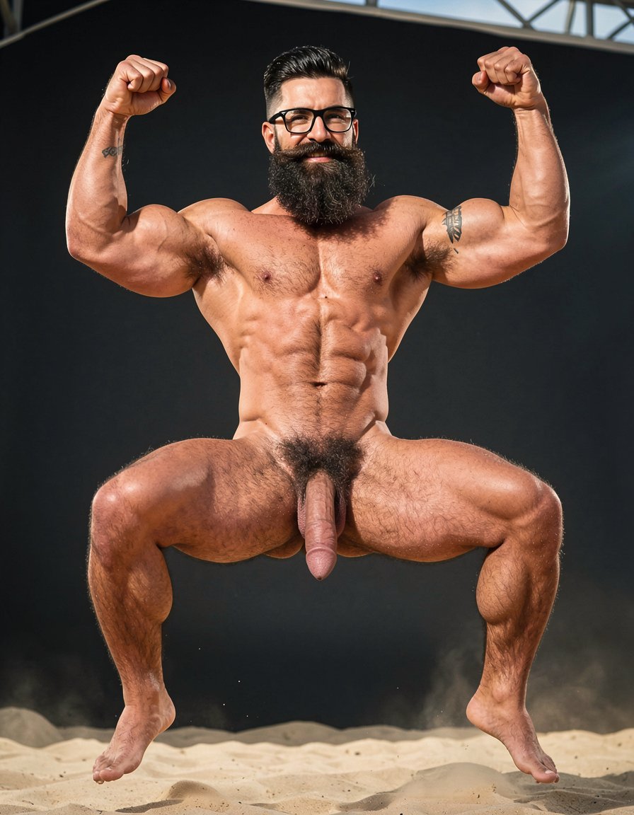 A highly detailed full-body nude photograph of a 40-year-old dominant muscle bear named Hipsterbarba, standing confidently in a well-lit studio with dramatic lighting that accentuates every muscle. He is 180cm tall, 80kg with 8% body fat, extremely muscular and symmetrical. Massive rounded hairy pecs with clear separation and dark pointed nipples, shredded six-pack abs with deep cuts and visible obliques forming a strong V-taper, wide shoulders, vascular arms, huge quads and defined legs. Very dense black masculine body hair covering his chest, running down in a thick treasure trail to a very bushy dark pubic area. He has a perfectly groomed long Bandholz beard that reaches mid-chest, thick mustache with curled upward spiral ends, modern high fade undercut hairstyle, black hipster glasses, and a small tattoo on his right bicep that reads 