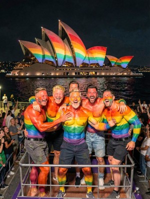 Five smiling men with their arms around each other pose in the foreground during a Pride celebration, with their torsos painted in vivid rainbow-colored stripes covering their chests, arms, and part of their legs; some wear shorts, jeans, or athletic shoes, and they convey a festive, warm, and euphoric attitude. They are on a boat or platform by the harbor, surrounded by a crowd watching and taking part in the party atmosphere. In the background, at night, the Sydney Opera House appears spectacularly illuminated with the colors of the LGBT flag, reflected on the dark water of the bay, with city lights in the distance and an atmosphere of parade, inclusion, diversity, and collective celebration.