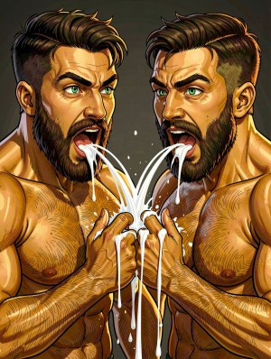 Dos hombres musculosos y barbudos, dibujados en estilo ilustración digital de cómic, aparecen frente a frente con el torso desnudo, expresión intensa y mirada fija, mientras expulsan de la boca un líquido blanco espeso que cae sobre sus manos entrelazadas y resbala por el pecho, los abdominales y los antebrazos. Ambos tienen el pelo oscuro peinado hacia atrás, ojos verdes, cejas marcadas y barba poblada, con cuerpos muy definidos, piel brillante y vello corporal visible. La escena tiene una carga homoerótica evidente, con composición simétrica, primeros planos anatómicos, iluminación dramática y un fondo oscuro que resalta el contraste del líquido blanco sobre la musculatura.