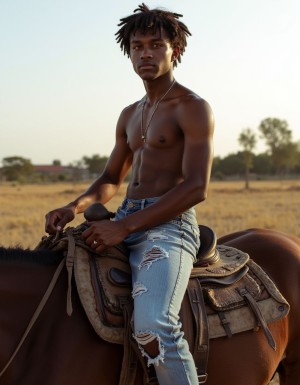 joven moreno con pantalones jeans gastados, descoloridos, sucios y rotos y el torso desnudo monta a caballo sin silla de montar
