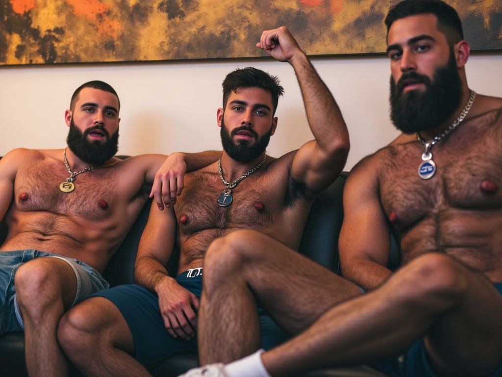 3 hombres españoles hípters hipermasculinos heteros  viendo un partido de fútbol una tarde en casa de uno de ellos, hace calor y han caído las camisas. Son hipermasculinos con abundante vello, barbas y colgantes al cuello.