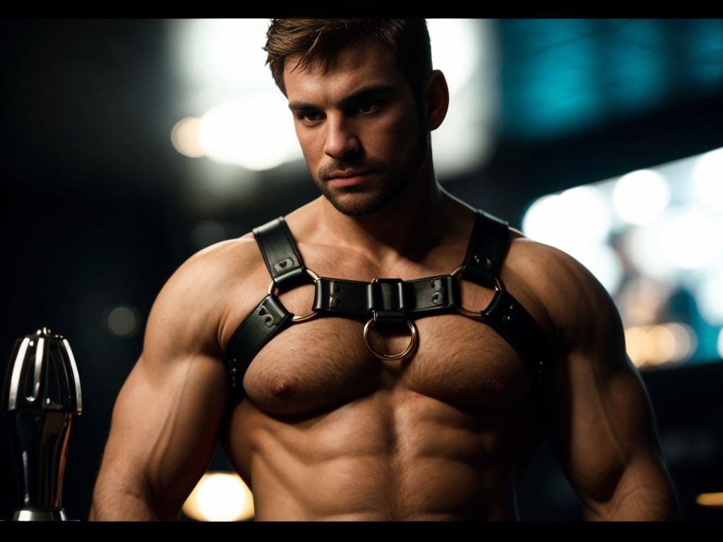Hombre con arnés, en una habitación bdsm llena de dildos diferentes, estilo cómic. 