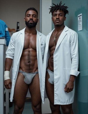 Dos técnicos afroamericanos de radiología del Los Ángeles Medical Center, se enrollan en una de las salas vacías. Muy excitados se han abierto las batas blancas para mostrarse el pene erecto. 