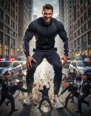 Hiper-realista render, hombre gigante musculoso de 20 años, físico imponente y atlético, vestido con chandal deportivo ajustado y zapatillas Nike de alta calidad, sonriendo con confianza y satisfacción, aplastando a un grupo de hombres diminutos que miden 1cm, policías uniformados con rostros de miedo y desesperación, con sus vehículos y equipo de policía también miniaturizados, en un entorno urbano con edificios y coches a escala normal, iluminación dramática y sombras profundas, texturas detalladas y realistas, foco en la escena de aplastamiento con los policías diminutos intentando escapar, expresiones faciales detalladas y emotivas, ambiente de poder y dominación, renderizado de alta calidad con luces y sombras realistas.