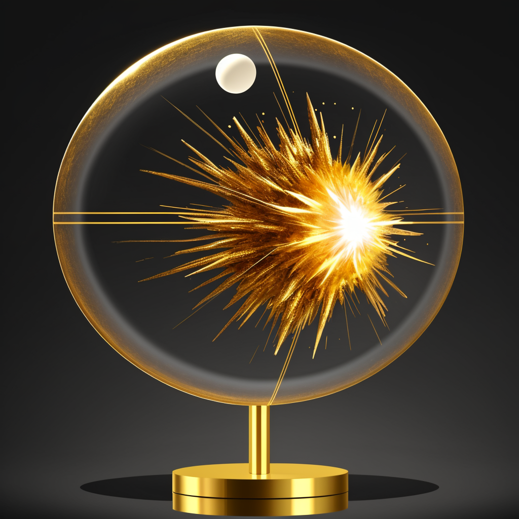 A transparent crystal sphere with a golden rim rests on a circular metallic gold base, like a futuristic decorative object or an energy sculpture. Inside it, a luminous form bursts like a solar explosion, with sharp beams, sparks, and golden filaments radiating from an intensely bright white core toward the right. Several fine geometric lines cross the sphere, reinforcing a scientific, astronomical, and technological aesthetic. In the upper left appears a small suspended white sphere, like a moon or planet, against a gradient black background that enhances the glow, contrast, and elegant finish of the composition.