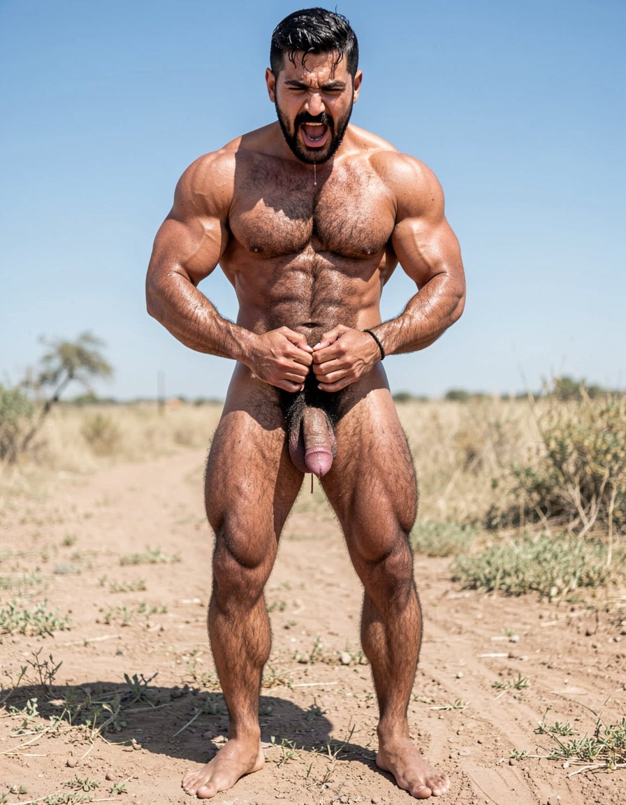 A perfectly framed full-body photorealistic image of Gayon Von Neumann standing completely naked outdoors in bright natural daylight, shot from a low angle starting from his feet and going all the way up to the top of his head. His big, strong bare feet are planted firmly on the dirt ground, toes gripping the earth. Powerful hairy calves and thick muscular thighs lead up to his heavy low-hanging hairy balls and massive erect cock. Both of his large veiny hands are wrapped tightly around his 35cm long, 9.5cm thick dark veiny shaft, stroking it slowly and firmly with realistic motion. The heavy foreskin is pulled halfway back exposing the huge swollen purple-red glans dripping thick strings of precum.

From there the view continues naturally up his dense wild black pubic bush, deeply carved sweaty eight-pack abs, thick hairy pecs with visible striations, wide vascular shoulders, thick neck with prominent Adam’s apple, and finally his arrogant face: square jaw, thick black chevron mustache, half-lidded dark eyes looking down with superiority and lust, mouth open in raw pleasure letting out a deep grunt. Every inch of his 1.85m, 80kg dry muscular body is visible from feet to head, covered in natural dense black body hair, glistening with real sweat under harsh sunlight. Raw, masculine, photorealistic rural alpha male jerking off outdoors with zero cropping and maximum detail from soles to scalp.