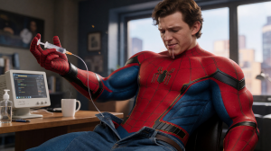 A man in a red and blue Spider-Man suit appears sitting on a chair, with the mask removed and jeans lowered to his hips, revealing the padded torso of the uniform with the spider emblem on his chest. His expression is one of discomfort or concentration while he holds with his gloved hand a sticky thread coming out of his mouth, like a strand of web or saliva, creating a strange and comical scene. The environment looks like a consultation or work room, with a medical or computer monitor on the desk, disinfectant gel, a white cup, and large windows in the background with blurred views of city buildings.