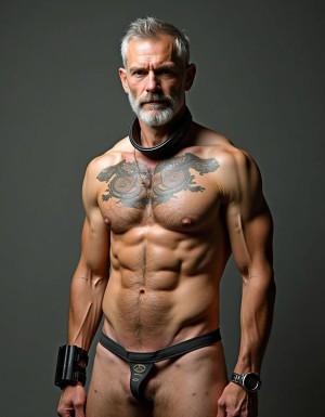 Hombre maduro de pelo gris corto y barba canosa, con expresión seria y mirada directa, posa de pie contra un fondo gris oscuro de estudio. Su torso desnudo muestra una musculatura muy marcada, abdominales definidos, brazos fuertes y venas visibles, además de un gran tatuaje simétrico en el pecho con formas ornamentales. Lleva un arnés o collar negro alrededor del cuello, una prenda interior negra tipo suspensorio con una pequeña pieza metálica frontal, una muñequera ancha de cuero en una mano y un reloj deportivo en la otra. La iluminación lateral resalta la piel, el vello corporal y el estilo fetichista, atlético y dominante de la escena.