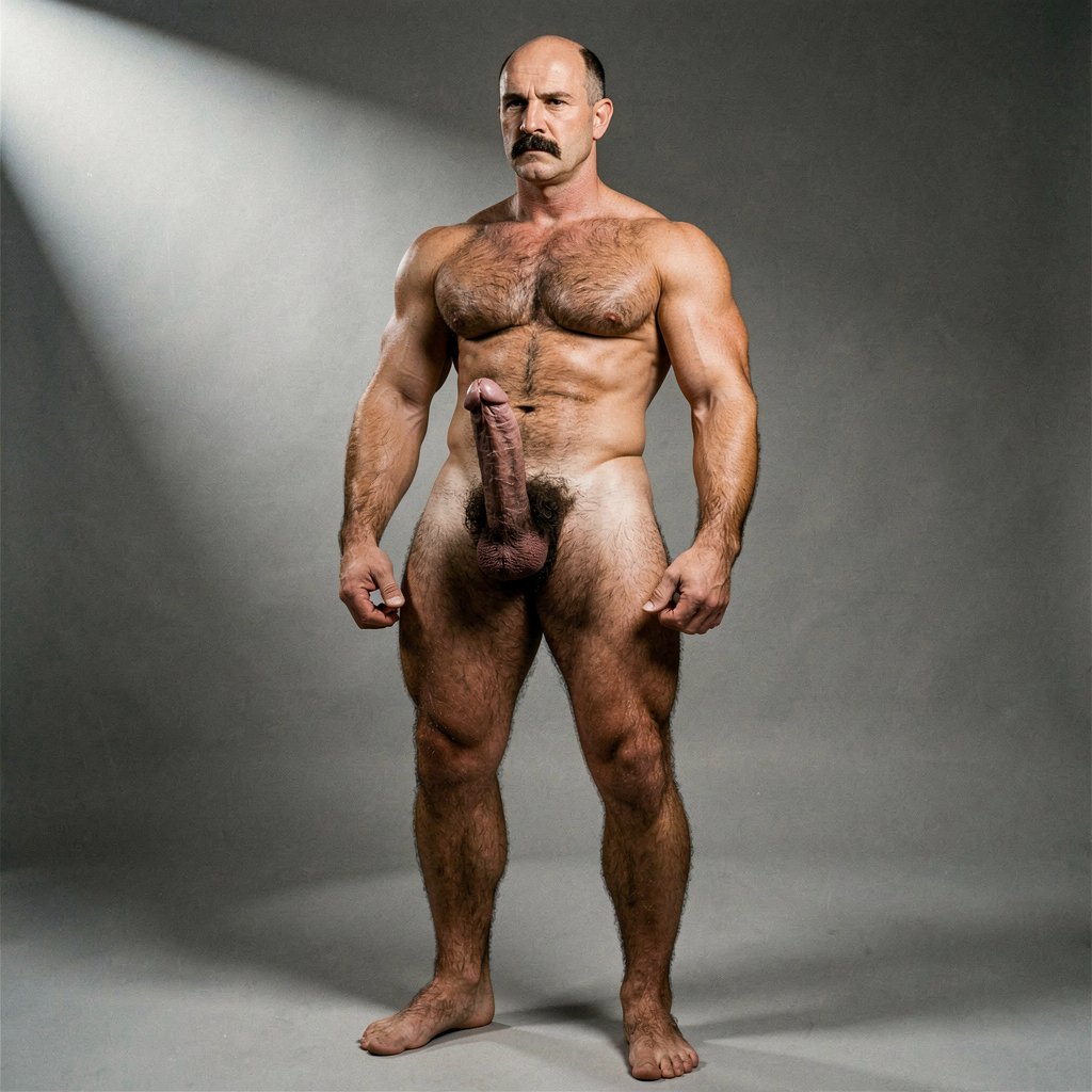 Mike Morris, a 32-year-old extremely lean Caucasian male with only 8% body fat, stands completely naked in a strict military attention pose captured in a full-body three-quarter view at a slight 45-degree angle. The shot runs from the tips of his size 44 slightly hairy feet all the way up to the top of his bald head, showing his entire body without any cropping. His physique is dry, vascular and powerfully defined: massive square pectorals covered in dense dark brown chest hair forming a thick T-pattern, sharply carved six-pack abs, narrow waist, wide flaring lats, and thick muscular thighs with dense dark hair. Dramatic directional studio lighting falls from high and slightly to the left, creating bright highlights on his tanned skin, the texture of his dense body hair across his chest, lower back and legs, and deep shadows that accentuate every muscle separation and vein. His advanced Norwood III-IV bald scalp is clearly visible, with short dense dark brown hair only on the sides and back of his head. His square, angular face with prominent jaw, thick dark handlebar mustache, heavy brows and intense deep-set brown eyes stares straight ahead with a serious, commanding expression. His penis is fully visible, completely natural and realistic: thick, 24 cm long when erect, with natural upward curve, prominent veins along the shaft, long foreskin that partially covers the pink-red glans, and realistic skin texture noticeably lighter than his bronzed body. Below it hang his large, low-hanging testicles with wrinkled darker skin and dense dark brown hair. The extremely thick, curly dark brown pubic bush climbs almost to his navel and spreads generously around the base of his cock and balls. Every detail from his veined hands and forearms to his diamond calves and hairy toes is perfectly proportioned and anatomically correct. Photorealistic, high-contrast, masculine 1970s Colt Studio aesthetic with subtle grainy film texture.