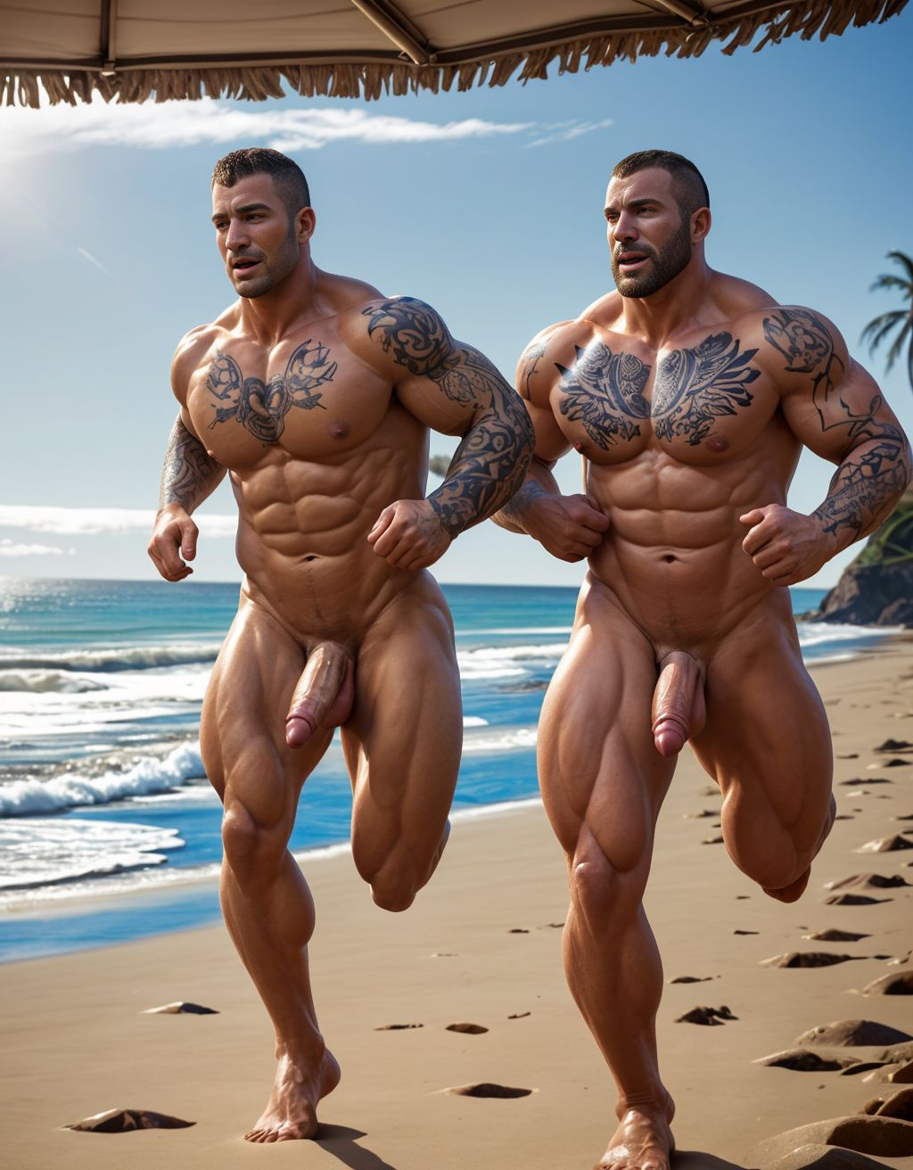 Tres soldados de caballería, desnudos musculosos y muy tatuados, de 30 años de edad, disfrutan de su día de descanso haciendo deporte en una playa del Pacífico, están corriendo en la orilla del mar, están desnudos y mostrando su grandes penes y hermosos testículos. Tienen mucho vello por todo el cuerpo. Hay mucha luz solar alumbrando todo el ambiente. Sus genitales se mueven hacia los lados chocando con sus muslos de las piernas