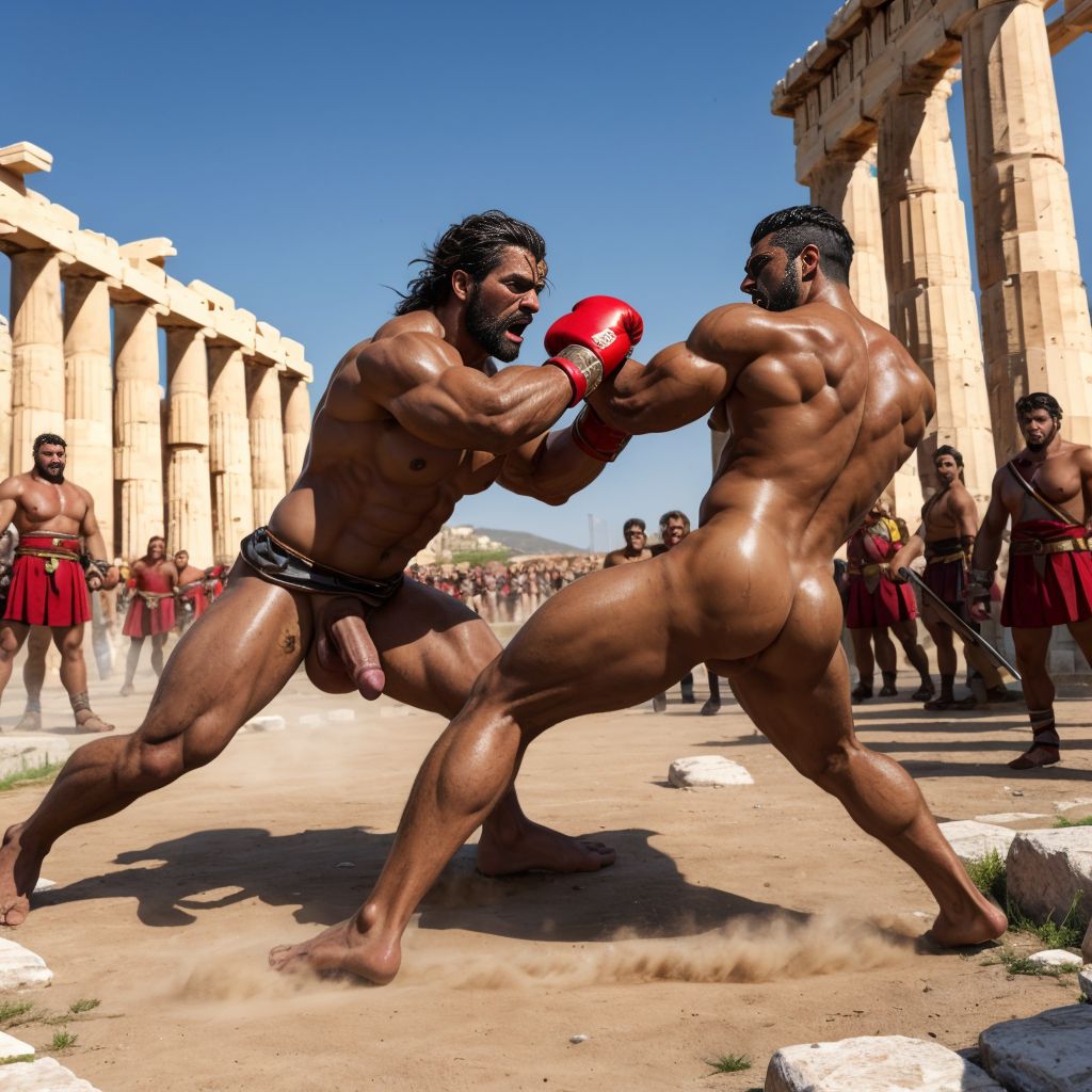 Harmodio y Aristogitón están desnudos. Tienen grandes testículos muy velludos. Luchan contra Hipias e Hiparco en Atenas. Luchan dando puñetazos en el abdomen. Golpean con sus grandes penes. Son musculosos pero están delgados y bronceados. Tienen mucho vello por todo el cuerpo. 