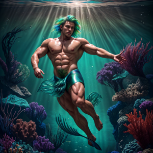 Foto hiperrealista en 8k. Un hermoso hombre sirena musculoso muy velludo con cabello corto y una cola colorida e iridiscente. Nada en un bosque submarino de algas marinas, con el cabello flotando ingrávidamente detrás de él, mientras la luz del sol de la superficie se filtra y salpica el entorno.