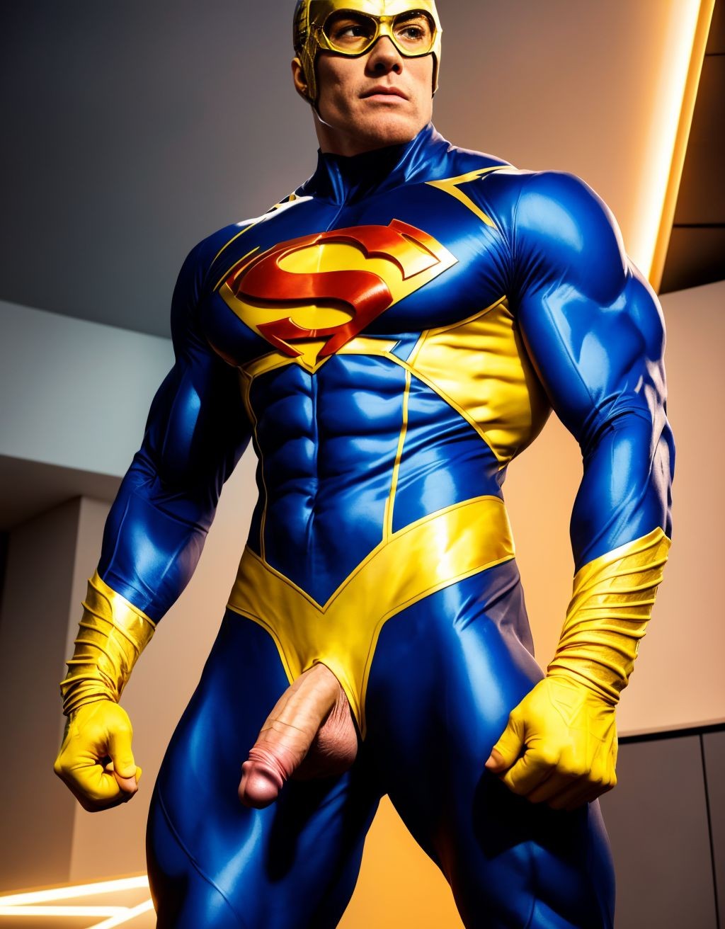  Booster Gold. Tiene el pene grande de donde sale mucho semen. Tiene los testículos grandes y peludos. Está de cuerpo entero y de pie.