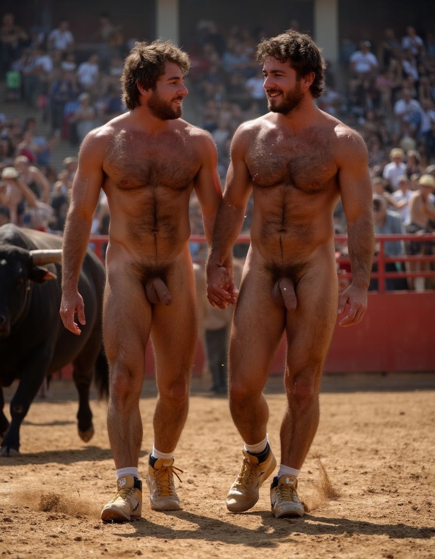 Un torero español musculoso y velludo de 50 años, con torso atlético y marcado, se muestra completamente desnudo, destacando su pene de 30 cm de longitud y 5 cm de grosor, perfectamente formado y rodeado de un denso vello púbico castaño oscuro. Sus testículos, perfectamente formados, cuelgan de forma prominente. La piel bronceada y sudorosa resalta su musculatura definida, con pectorales y abdominales bien marcados y sin grasa. El cabello largo y castaño oscuro está despeinado y sudoroso, con gotas de sudor resbalando por su frente y mejillas. Una barba incipiente y un vello corporal denso que se extiende por su pecho, piernas y brazos completan su apariencia viril. Lleva zapatillas doradas en sus pies.

A su lado, un hombre musculoso y velludo de 30 años, completamente desnudo, muestra un pene de 30 cm de longitud y 4 cm de grosor, hermoso y perfecto, rodeado de un denso vello púbico pelirrojo. Su piel bronceada y sudorosa muestra una musculatura definida, con pectorales y abdominales muy marcados. Tiene cabello pelirrojo despeinado y sudoroso. Tiene una barba pelirroja densa pero bien recortada. El vello corporal pelirrojo denso cubre su pecho, y tiene mucho vello pelirrojo en sus piernas y brazos, lo que realza su apariencia masculina y atlética. Están andando en la plaza de toros con un toro salvaje. Se aman

Ambos hombres se encuentran en una plaza de toros, con sombras que resaltan su musculatura y vello corporal, creando un ambiente sensual y cargado de tensión. Están en pleno acto de pasión, con sus penes erectos y testículos prominentes ,destacando su musculatura, vello corporal y atributos viriles en una imagen impactante y llena de energía. La escena está llena de sensualidad y poder, con los dos hombres como protagonistas, en un ambiente cargado de pasión y erotismo. La imagen es híper realista, con detalles de alta calidad, y muestra la unión de los dos hombres en un acto de pasión y dominio, con sus cuerpos musculosos y velludos completamente desnudos y visibles, mostrando su excitación y pasión en cada detalle. Tienen sus penes erectos. Están totalmente desnudos. Tienen un pene de 40 cm de longitud y 7 cm de diámetro. Son felices y sonríen. Amor 