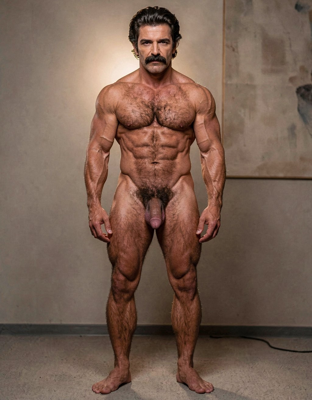Hombre desnudo de pie en pose frontal, con físico muy musculado y definido, torso ancho, abdominales marcados, brazos y piernas fuertes, abundante vello corporal en pecho, abdomen, pubis y extremidades. Tiene el pelo oscuro peinado hacia atrás, bigote espeso y una expresión seria mientras mira directamente a la cámara. El pene queda visible en el centro, en estado flácido, sin ropa ni accesorios que cubran el cuerpo. La escena está iluminada de forma cálida y sobria, con un fondo interior de pared gris-beige, suelo sencillo y un cuadro abstracto parcialmente visible, creando un retrato de estudio crudo, corporal y natural.