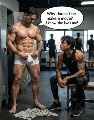 A gym locker room with metal lockers, benches, and cold lighting serves as the setting for two muscular men after working out; one is standing barefoot, shirtless, with very defined abs, tattoos on his arms and chest, and white Calvin Klein underwear that he adjusts while looking down, with a wrinkled towel on the floor at his feet. In front of him, another man wearing a black sleeveless shirt, athletic leggings, Nike sneakers, and tattooed arms is sitting on a bench, watching him with a thoughtful expression. A dialogue bubble in English says: “Why doesn’t he make a move? I know she likes me!”, adding an awkward and comedic meme tone to the gym scene.
