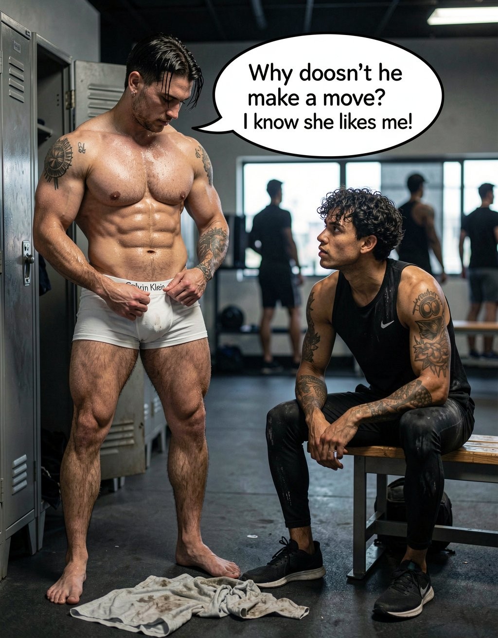 Un vestuario de gimnasio con taquillas metálicas, bancos y luz fría sirve de escenario a dos hombres musculosos tras entrenar; uno está de pie, descalzo, con el torso desnudo, abdominales muy marcados, tatuajes en brazos y pecho, y ropa interior blanca Calvin Klein que ajusta mientras mira hacia abajo, con una toalla arrugada en el suelo a sus pies. Frente a él, otro hombre con camiseta negra sin mangas, leggings deportivos, zapatillas Nike y brazos tatuados está sentado en un banco, observándolo con expresión pensativa. Un bocadillo de diálogo en inglés dice: “Why doesn’t he make a move? I know she likes me!”, añadiendo un tono de meme incómodo y cómico a la escena de gimnasio.