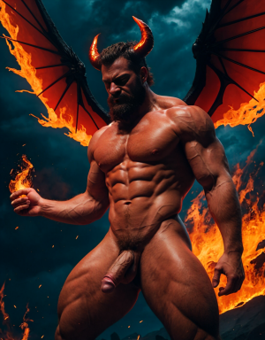 Diablo Satanás desnudo, pene grande:1.5, testículos oscuros:1.2, vello corporal abundante:1.1, bronceado:1, alas negras y rojas oscuras:1.3, brazos hacia arriba, implorando rayos y fuego, ojos rojos grandes:1.2, barba:1, delgado, testículos visibles:1.1, ano expuesto:1, rodeado de llamas y humo:1.2, chorro de fuego rojo en pene erecto:1.5, torso de toro musculoso:1.2. Tiene fuego en su ano y tiene mucho fuego en sus testículos.