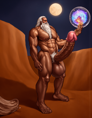 Enrique es un hombre muy delgado de 50 años, tiene cabello largo con canas blancas, tiene barba blanca abundante y larga. Está totalmente desnudo, en su mano derecha lleva una bola de 10 cm de diámetro de cristal mágica y está iluminada de donde sale un pene erecto y sus dos testículos, tiene la mano izquierda elevada hacia cielo señalando a la Luna. Enrique tiene un cuerpo muy delgado con músculos marcados y definidos. 💪🏼. Tiene un pene erecto de 36,8 cm de longitud y 7,9 cm de diámetro. Tiene mucho vello corporal blanco en su pecho, tiene mucho vello en sus brazos y tiene mucho vello en sus piernas. Está en la arena del desierto entre grandes dunas de arena color terracota. Tiene la piel morena bronceada por el Sol. Tiene sandalias en sus pies. Está mirando a la Luna mientras levanta la palma de la mano derecha señalando la Luna 🌓 . Tiene la boca entreabierta. Tiene pene erecto perfecto