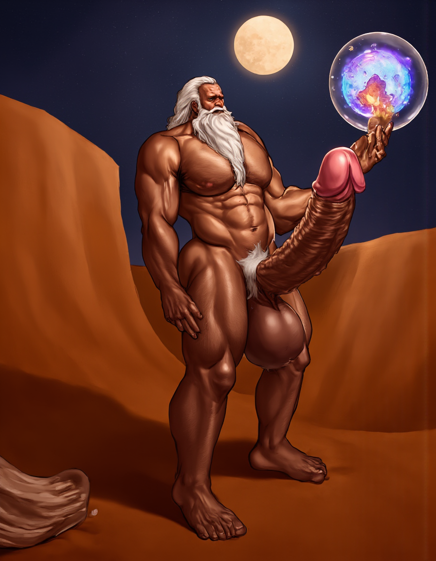 Enrique es un hombre muy delgado de 50 años, tiene cabello largo con canas blancas, tiene barba blanca abundante y larga. Está totalmente desnudo, en su mano derecha lleva una bola de 10 cm de diámetro de cristal mágica y está iluminada de donde sale un pene erecto y sus dos testículos, tiene la mano izquierda elevada hacia cielo señalando a la Luna. Enrique tiene un cuerpo muy delgado con músculos marcados y definidos. 💪🏼. Tiene un pene erecto de 36,8 cm de longitud y 7,9 cm de diámetro. Tiene mucho vello corporal blanco en su pecho, tiene mucho vello en sus brazos y tiene mucho vello en sus piernas. Está en la arena del desierto entre grandes dunas de arena color terracota. Tiene la piel morena bronceada por el Sol. Tiene sandalias en sus pies. Está mirando a la Luna mientras levanta la palma de la mano derecha señalando la Luna 🌓 . Tiene la boca entreabierta. Tiene pene erecto perfecto